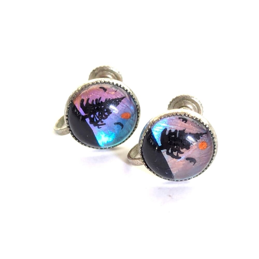 Vintage Foiled Blue Morpho Forest Scene Silver Tone Screwback Clip Earrings
